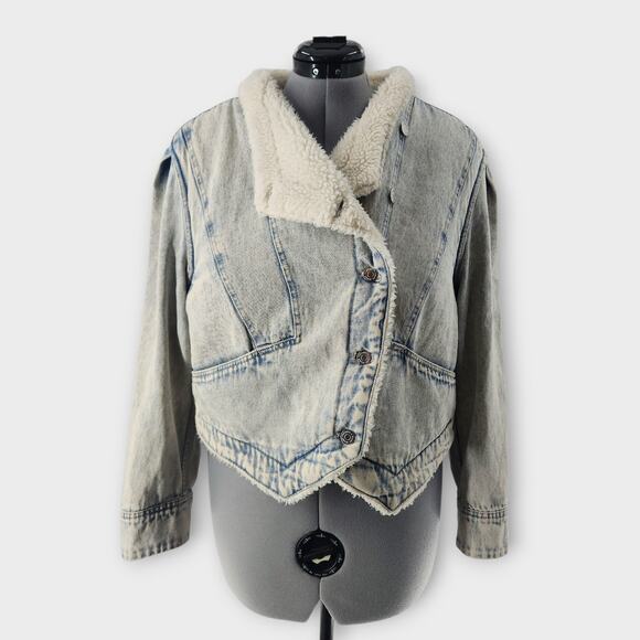 Veronica Beard Jacket Women's XL Acid Wash Neena Denim Sherpa Lined W/ Pockets - Picture 1 of 9